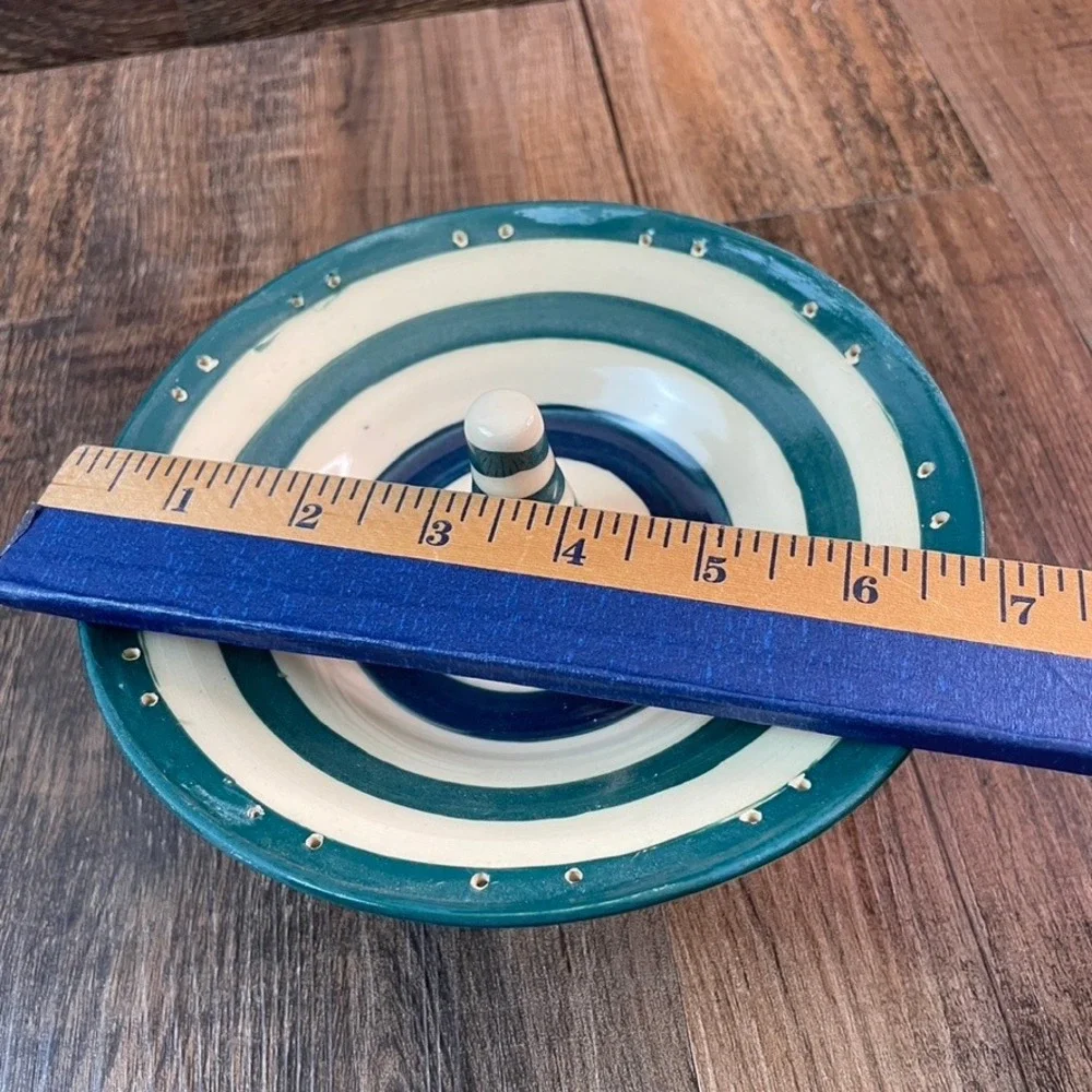 Yes Mam Studio Pottery Apple Baker Teal Navy Striped Tripod Footed Ceramic